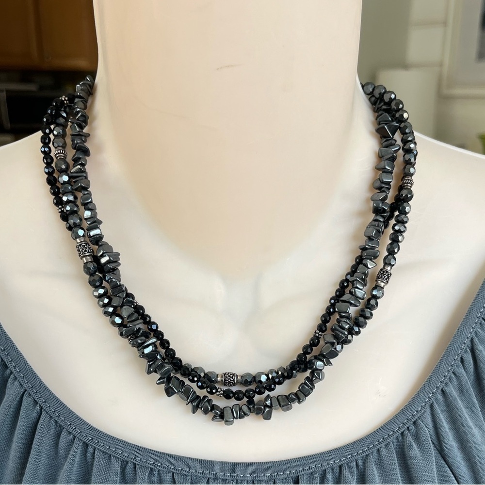 Black 3 Strand Necklace with Silver Tone Accents - Picture 4 of 16